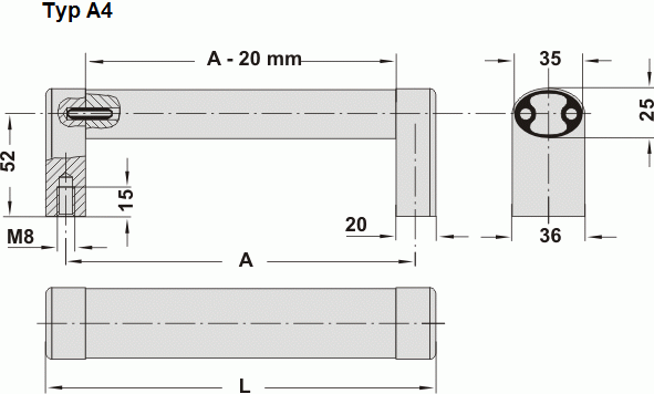 Leschhorn A4-35.250.S01 zusammensteckbare Alu-Oval-Rohrgriffe  A 250,  Schenkel schwarz / Steg natur - Griff aus Einzelelementen, komplett montiert - Leschhorn A4-35 Zusammensteckbare Alu-Oval-Rohrgriffe - Zeichnung