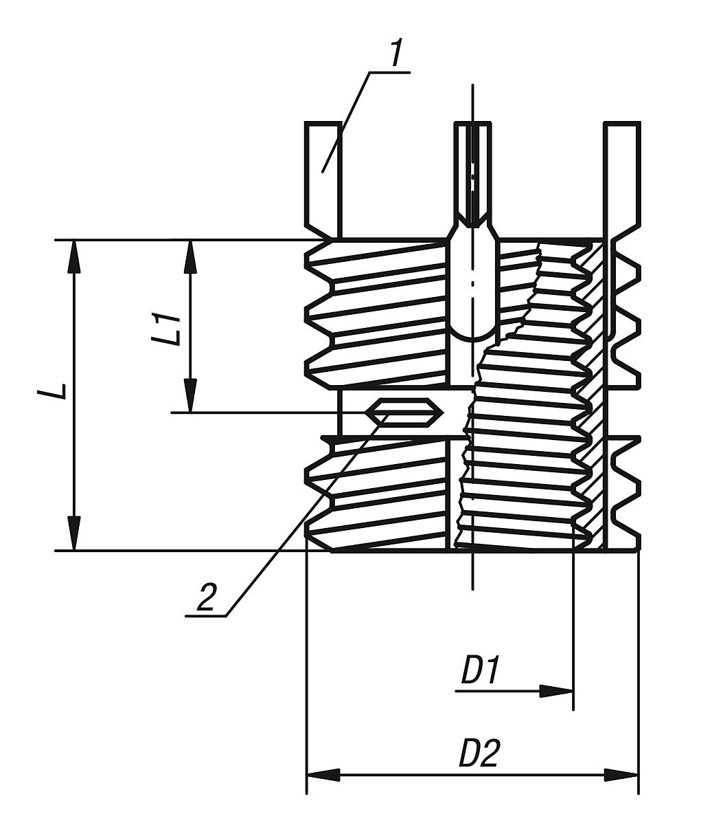 Kipp K0401.108 GEWINDEEINSATZ SELBSTSICHERND EDELSTAHL, D1=M8, D2=M12X1,25 - K0401 Gewindeeinsaetze Innengewinde selbstsichernd - Massblatt
