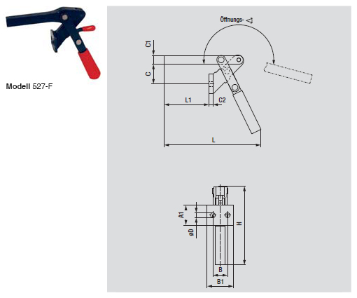 DESTACO 527 Vertikal-Kniehebelspanner Haltekraft 4500 N, Öffnungswinkel 195° - 527-F Vertikalspanner - Frontbefestigung