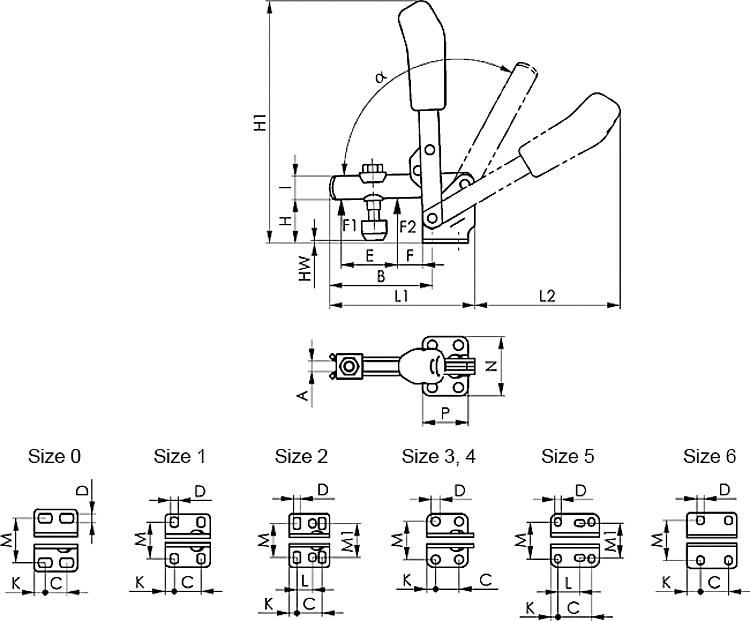 AMF 6800-0 Senkrechtspanner mit rotem Handgriff, Größe : 0, F1: 0,5 kN, F2: 0,7 kN - LE 6800 Senkrechtspanner -Skizze
