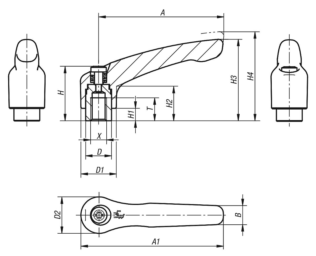 Kipp K0123.1051 KLEMMHEBEL GR.1  M5           EDELSTAHL, GRIFFHEBEL SCHWARZ SEIDENMATT - K0123 Klemmhebel mit Innengewinde - Stahlteile aus Edelstahl - Massblatt