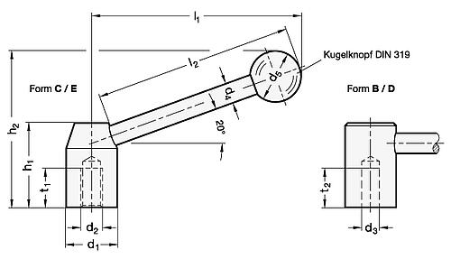 Ganter 212-22-B10-B Spannhebel, Stahl - GN 212 Spannhebel - Stahl-Skizze