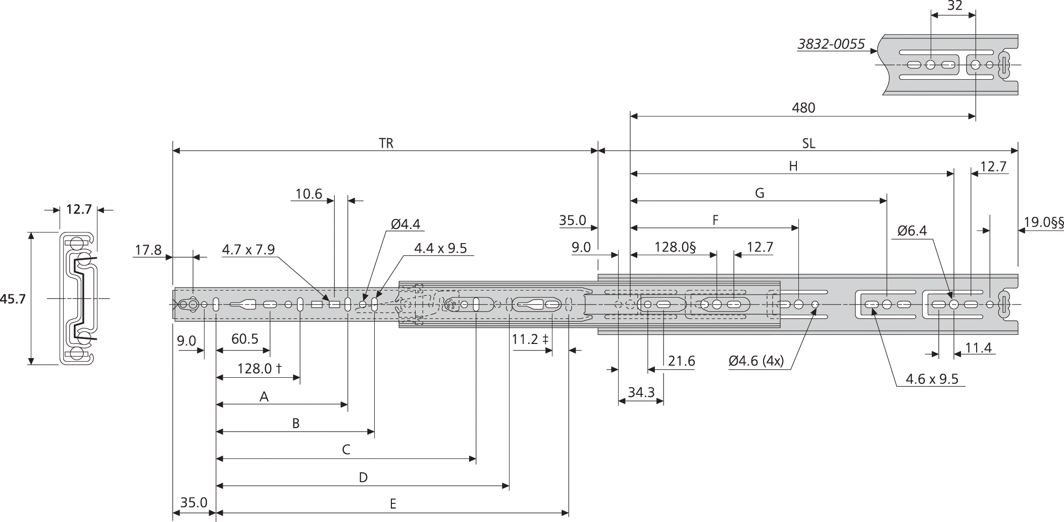 Accuride DB3832-0015 Teleskopschienen 100% Vollauszug, 12,7x45,7, SL 148,TR 140, 39kg, schwarz verzinkt - 3832 Accuride Teleskopschiene technische Zeichnung