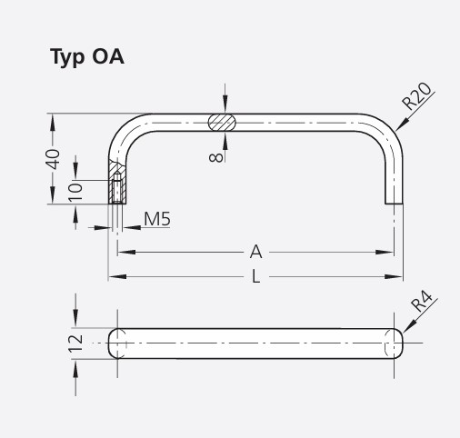 Leschhorn OA-12.100.9003A Gerätegriffe, Antibakteriell, Flachoval Aluminium, A=100 - LE OA antibakterielle Buegelgriff Serie - Massblatt