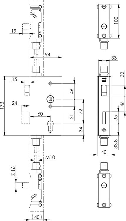 AMF 140UMH-40 Schlosskasten für horizontale Mehrfachverriegelung, blank, Kastenbreite: 40 mm, Schließung: PZW - LE 140UMH Schlosskasten fuer horizontale Mehrfachverriegelung - blank-Skizze