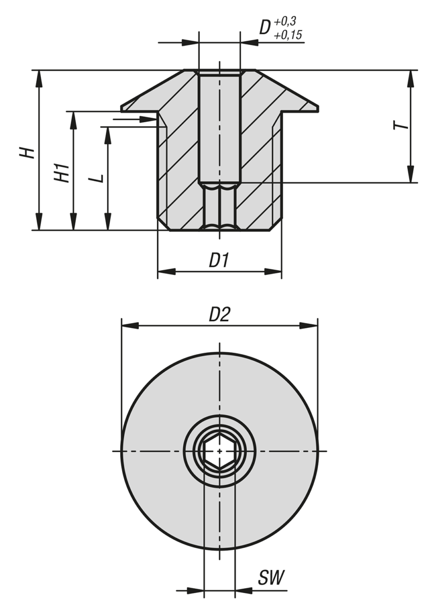 Norelem 03099-50-04 POSITIONIERBUCHSE FÜR ARRETIERBOLZEN, D=4 M12X1,5X10, D2=19, SW=3, STAHL GEHÄRTET UND BRÜNIERT - NLM 03099-50 Positionierbuchsen fuer Arretierbolzen-Skizze