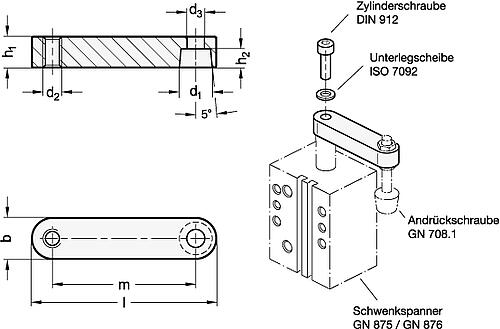 Ganter 875.3-AL-14-50-HE Spannarme mit Gewindebohrung, für Schwenkspanner GN 875 / GN 876 - GN 875-3 Spannarme mit Gewindebohrung - fuer Schwenkspanner GN 875 - GN 876-Skizze