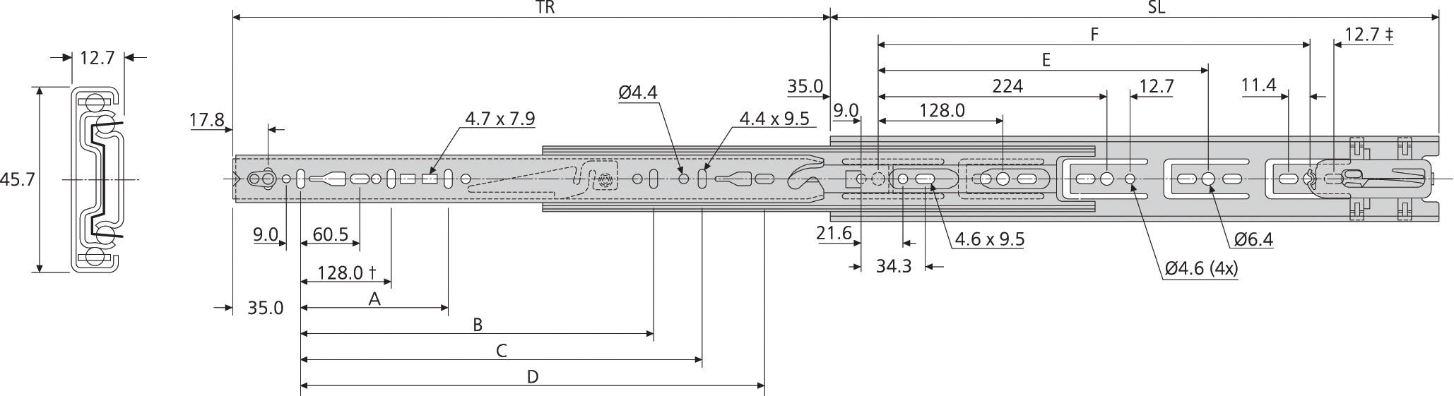 Accuride DB3832-0015 Teleskopschienen 100% Vollauszug, 12,7x45,7, SL 148,TR 140, 39kg, schwarz verzinkt - 3832 SC Accuride Teleskopschiene technische Zeichn