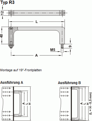 Leschhorn R3-12.235.01   Profil-Aluminium Bügelgriffe 19" Technik A 235,  Schraubmontage Ausführung 12 x 12 mm natur eloxiert - Leschhorn R Aluminium Buegelgriffe 19in Technik - Zeichnung Typ R3