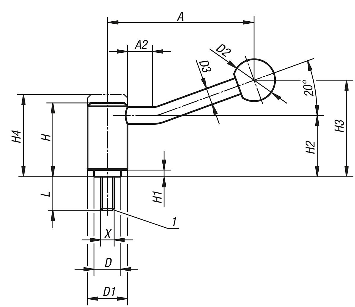 Kipp K0108.1081X15 SPANNHEBEL GR.1, M8X15,  20?, - K0108-20 Spannhebel mit Aussengewinde - 20 Grad - Massblatt