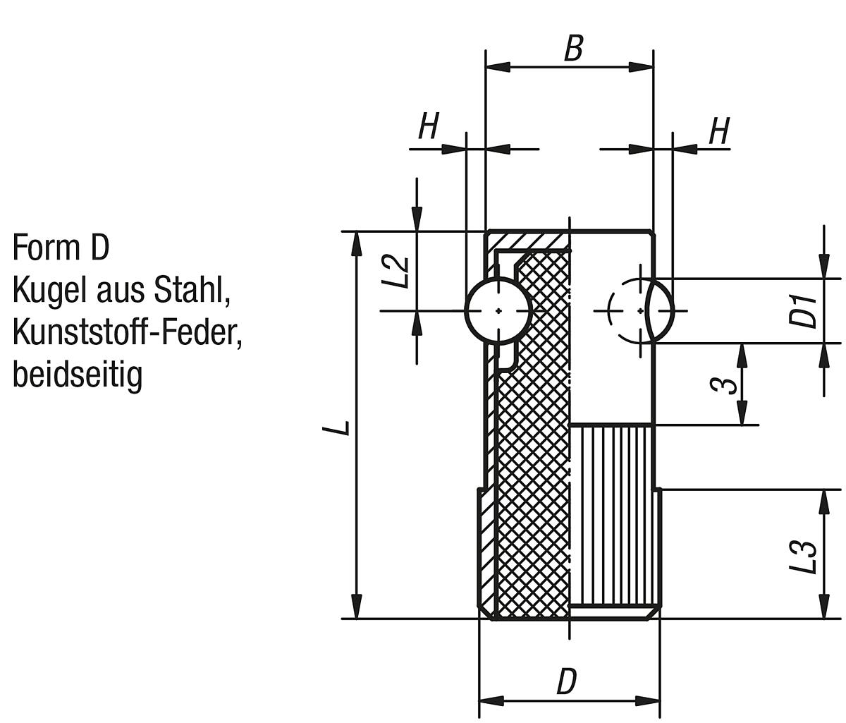 Kipp K0374.616 FEDERNDES SEITENDRUCKSTÜCK FORM D, D1=16, L1=35 - K0374-D Federnde Seitendruckstuecke - Form D - Massblatt