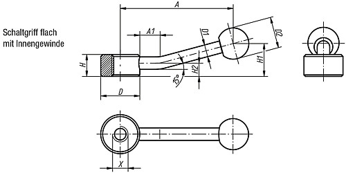Kipp K0177.206 SCHALTGRIFF FLACH GR.1, M6 - KIPP K0177-IG Schaltgriffe flach mit Innengewinde