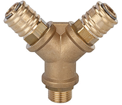 RIEGLER 245.33-E Verteiler mit 2 Schnellverschlusskuppl. NW7,2, G 1/2 AG, »R26EMS« - LE71512 245-33-E Verteiler mit 2 Schnellverschlusskupplungen NW 7 2 - Messing blank - Aussengewinde