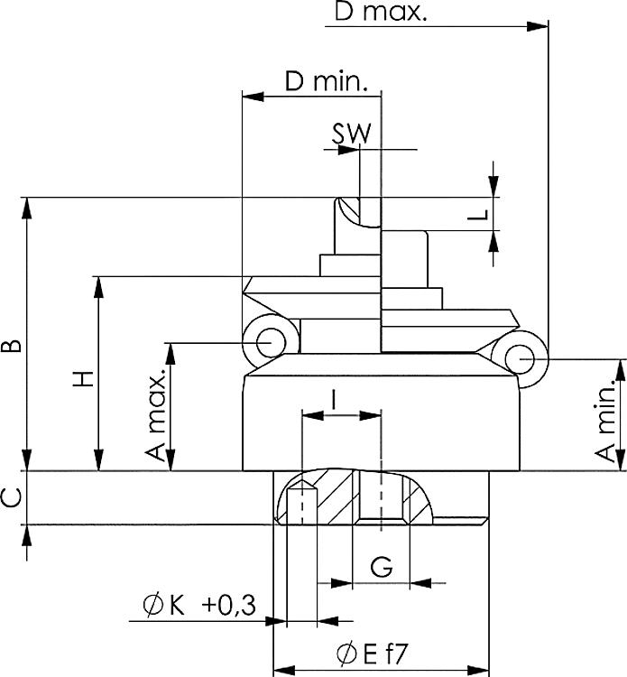 AMF 6383ZEK-22 Zentrierspanner mit Kugel, D min.: 22,5, D max.: 26,5, H: 19,8, P: 4,5 kN - LE 6383ZEK Zentrierspanner mit Kugel -Skizze