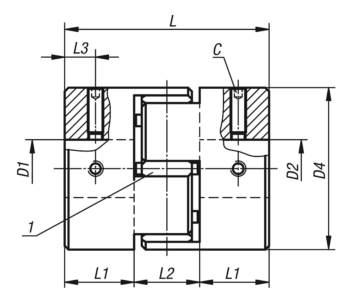 Norelem 23023-0125 ELASTOMER KLAUENKUPPLUNG, GR. 12,5,  VORGEBOHRT D1+D2=8 - NLM 23023 Elastomer Klauenkupplungen Klemmung mit Gewindestift - Massblatt