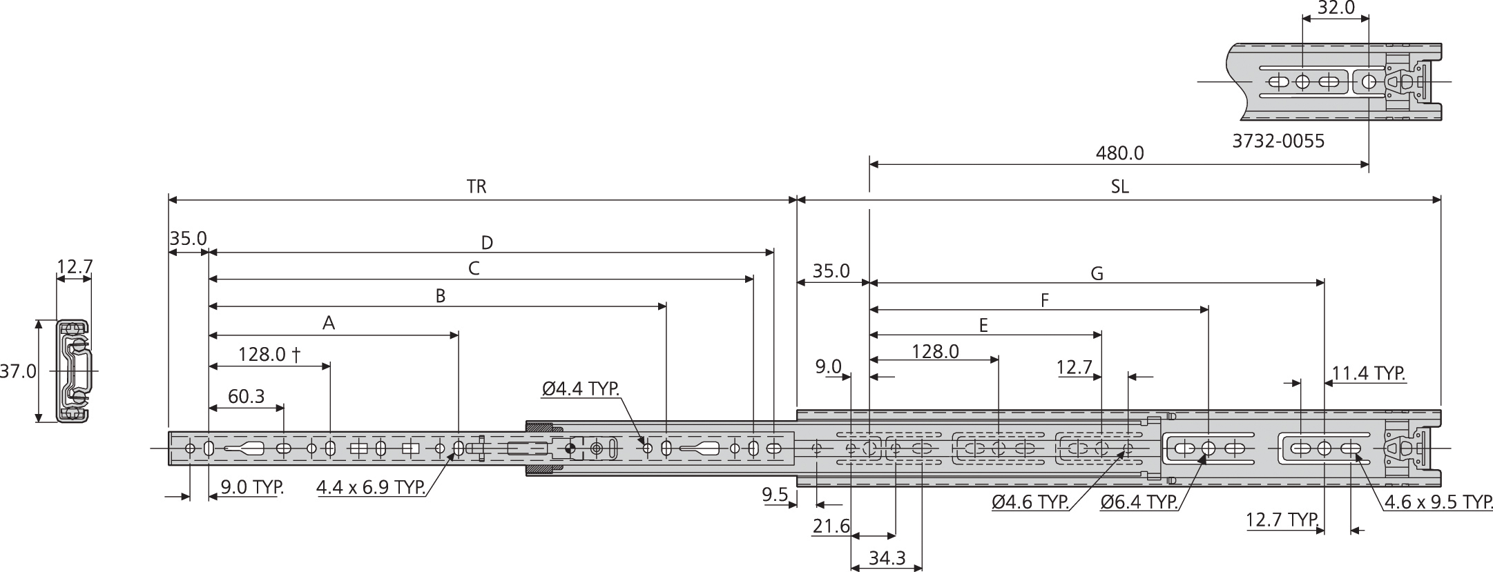 Accuride DZ3732-0050 Teleskopschienen 100% Vollauszug, 12,7x37, SL 500,TR 508, 40kg, hell verzinkt - 3732 Accuride Teleskopschiene technische Zeichnung