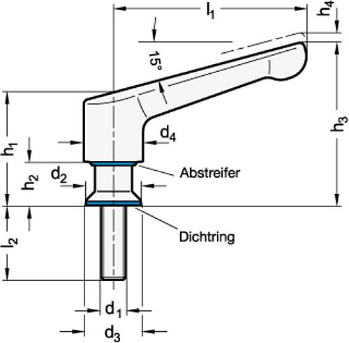 Ganter 305-63-M6-12-PL-H Verstellbare Edelstahl Klemmhebel, mit Schraube, Hygienic Design - GN 305 Verstellbare Edelstahl Klemmhebel - mit Schraube - Hygienic Design-Skizze