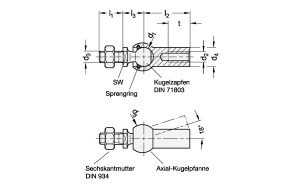 Ganter 71802.1-10-M6-C-NI  Axialgelenke, Stahl / Edelstahl, mit Gewindezapfen, Durchmesser d1: 10, Gewinde d2: M 6, Form: C - mit Gewindezapfen - GN 71802-1 Axialgelenke - Stahl - Edelstahl - mit Gewindezapfen - Massblatt