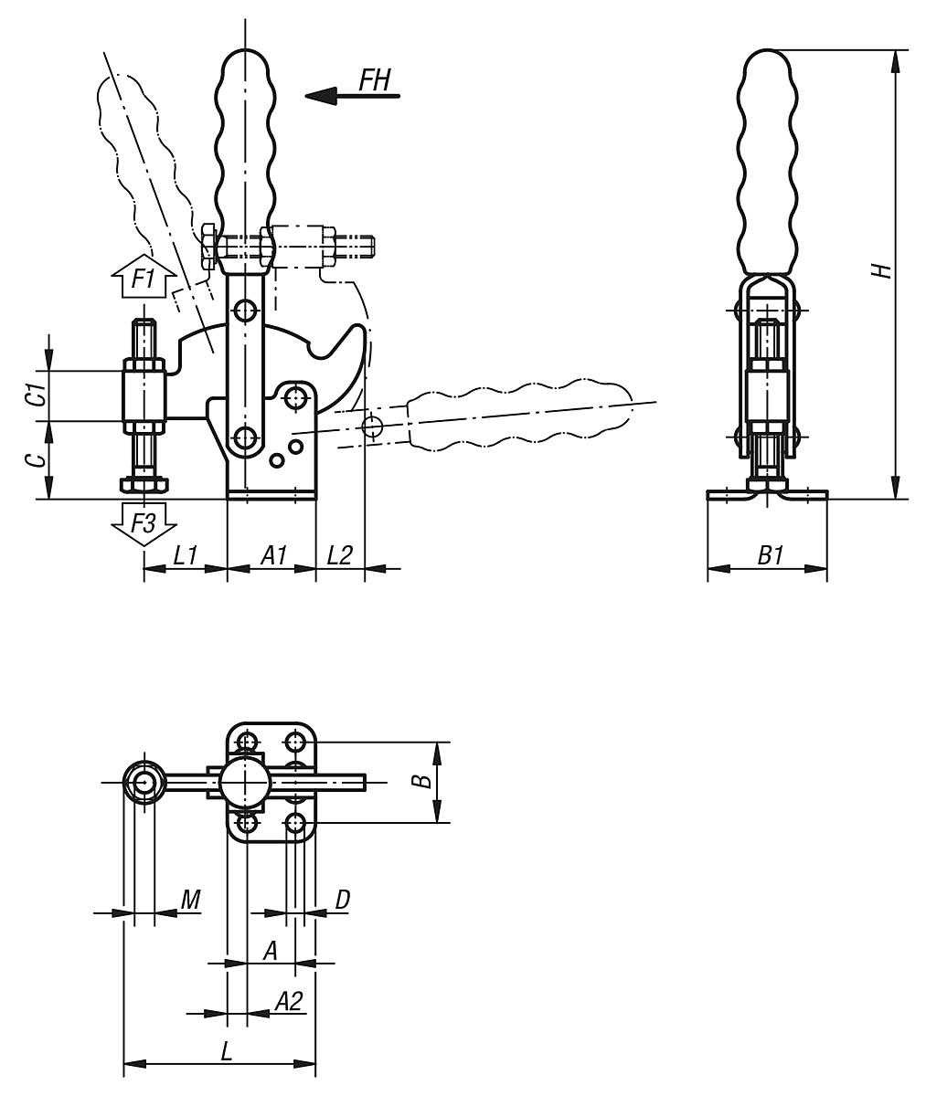 Kipp K0065.0250 KURVENSCHNELLSPANNER VERTIKAL, MIT WAAGRECHTEM FUSS, P=250 d - K0065 Kurvenschnellspanner vertikal mit waagrechtem Fuss - Massblatt