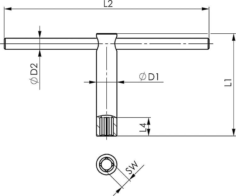 Leschhorn 904L-10 Vierkant-Aufsteckschlüssel LE70038 904L, -square socket wrench, D1: 20, L1: 200, SW: 10 - DIN 904L Vierkant-Aufsteckschluessel -Skizze