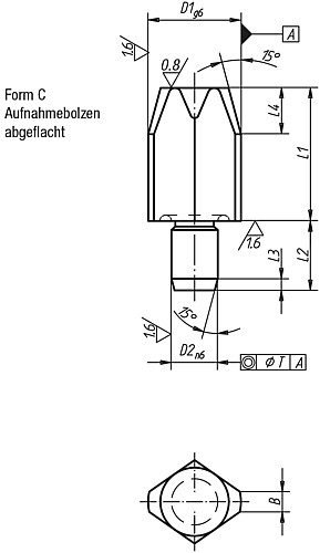 Kipp K0293.506 AUFNAHMEBOLZEN FORM C, LANG, DIN 6321, D1=6 - KIPP K0293-C Aufnahmebolzen lang Form C