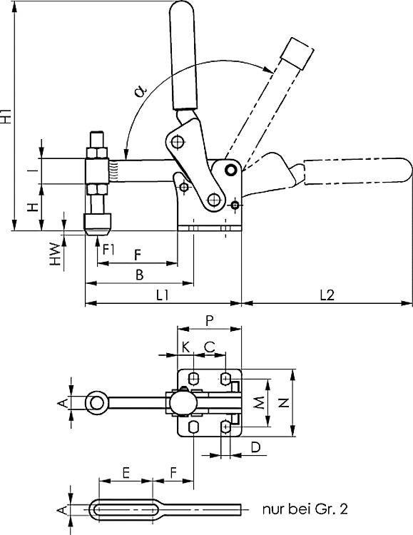 AMF 6811P-2 Schwerer Senkrechtspanner, Größe : 2, F1: 2,5 kN - LE 6811P Schwerer Senkrechtspanner -Skizze