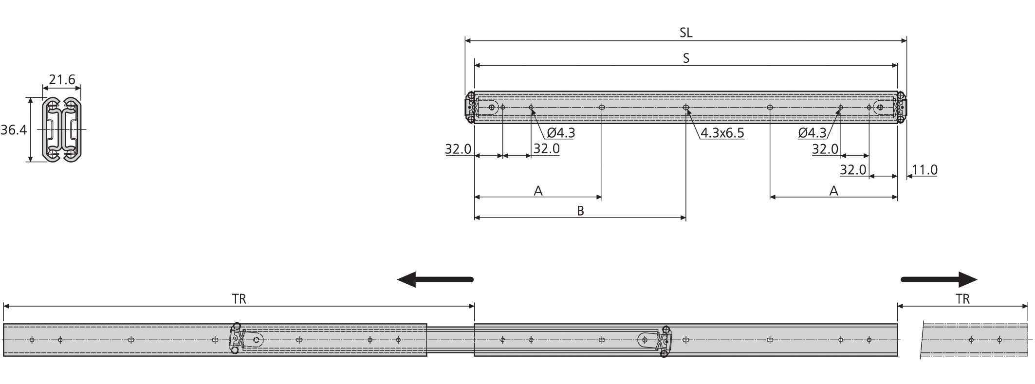 Accuride DB3630-0030 Teleskopschienen 100% Vollauszug, Auszug in beide Richtungen, 21,6x36,4, SL 300,TR 332, 35kg, schwarz verzinkt - 3630 Accuride Teleskopschiene technische Zeichnung