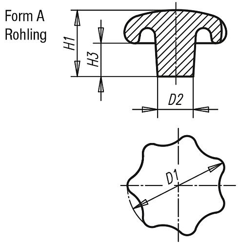 Norelem 06192-14008 STERNGRIFF FORM A, D1=40, ALU, GEROMMELT - Norelem 06192-A Sterngriffe aehnlich DIN 6336 aus Aluminium - Form A