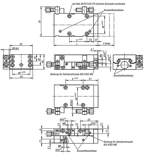 Norelem 20036-6030 LINEARMODUL PNEUMATISCH GR.6,C=30, MIT SCHIENENFÜHRUNG - Norelem 20036 Linearmodule pneumatisch mit Schienenfuehrung