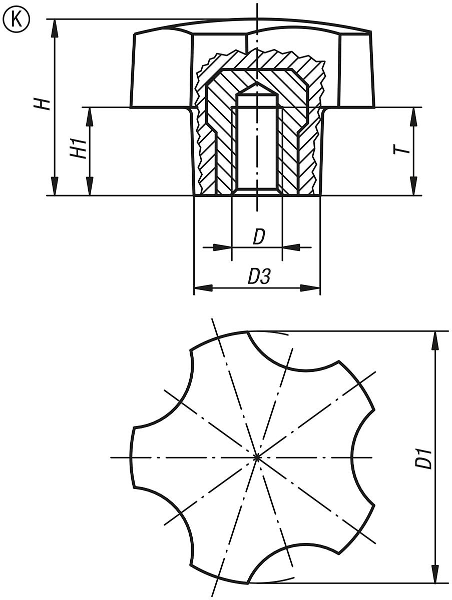Kipp K0185.3205 FÜNFSTERNGRIFF D=32  M5, - K0185-IG Fuenfsterngriffe - Innengewinde - Massblatt