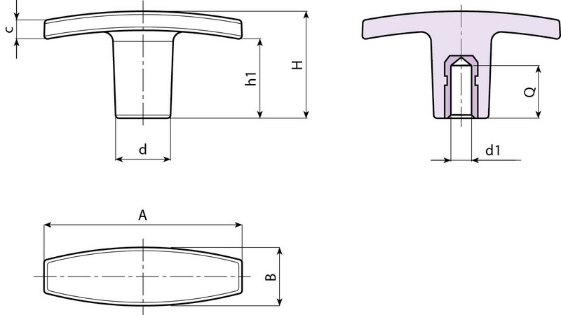 Leschhorn L273 T-Griffe  A 50; d 14; Bohrung d1 6; Kunststoff PA, schwarz, - Boteco L273 T-Griffe
