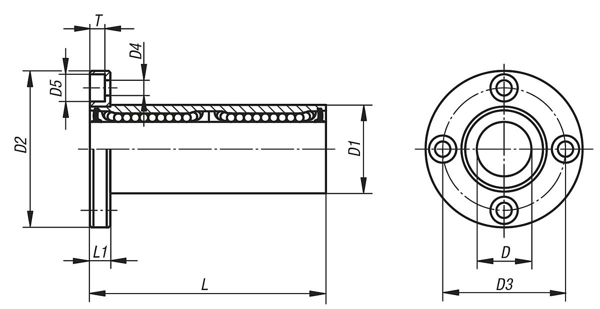 Norelem 21520-1202 LINEARKUGELLAGER D=12, MIT FLANSCH, DOPPELLAGER - NLM 21520 Linearkugellager  mit Flansch - Doppellager - Massblatt