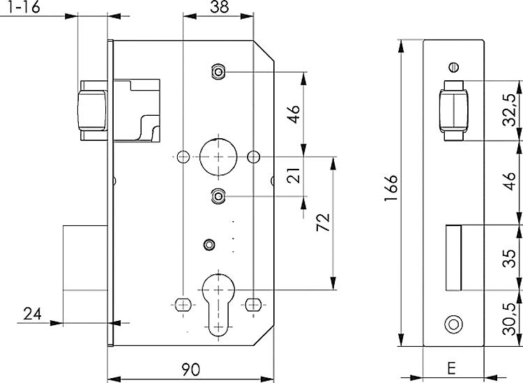 AMF 142R-40ZW Rollfallen-Riegelschloss, verzinkt, für Kastenbreite: 40 mm, Schließung: PZW, E: 33 mm - LE 142R Rollfallen-Riegelschloss - verzinkt -Skizze