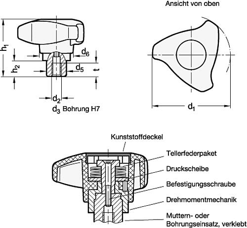 Ganter 3664-50-B6-2 Drehmoment Dreisterngriffe - GN 3664 Drehmoment Dreisterngriffe-Skizze