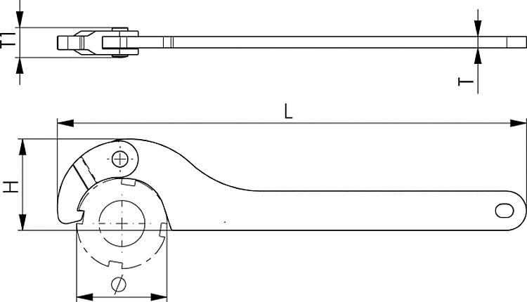 AMF 775NI- 20- 35 Gelenk-Hakenschlüssel mit Nase, Industrieausführung, Edelstahl rostfrei, Größe  Ø  : 20- 35, H: 27, L: 165 - LE 775NI -20 35 Gelenk-Hakenschluessel mitNase - Industrieausfuehrung - Edelstahl-Skizze