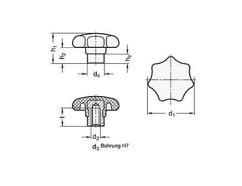 Ganter 6336.1-80-B16-C STERNGRIFF - GN 6336-1 Sterngriffe - Duroplast - mit vorstehendem Stahl Bund-Skizze