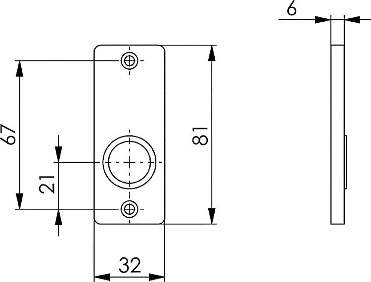 AMF 451 Vierkant-Rosette, Abmessung: 32 x 80 x 7 mm, Bohrung für Drückerbetätigung: Ja - LE 451 Vierkant-Rosette -Skizze