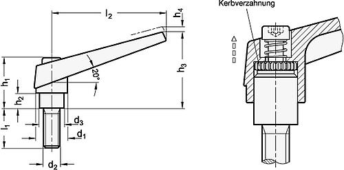 Ganter 101-14-M5-12-OS VERST. KLEMMHEBEL MIT SCHRAUBE, ORANGE - GN 101 Verstellbare Klemmhebel - Zink Druckguss - Schraube Stahl-Skizze