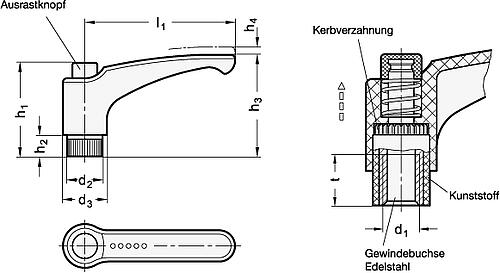 Ganter 603.1-108-M12-DBL Verstellbare Klemmhebel mit Ausrastknopf, Kunststoff, Buchse Edelstahl - GN 603-1 Verstellbare Klemmhebel mit Ausrastknopf - Kunststoff - Buchse Edelstahl-Skizze