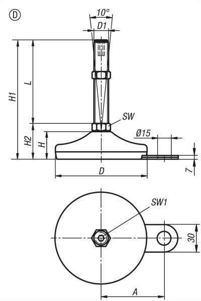 Kipp K0739.4206010X50 STELLFUß MIT INNENSECHSKANT, FORM:D M10X50, D=60, EDELSTAHL, KOMP:GUMMI - KIPP K0739-D Stellfuesse oder Edelstahl Form D - Skizze