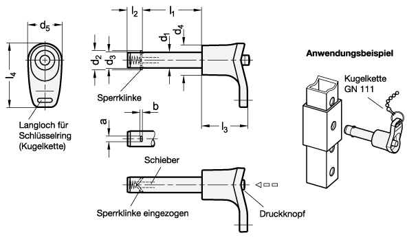 Ganter 114.12-10-100  Steckbolzen, Bolzen Edelstahl, L-Griff Kunststoff, mit Axialsicherung (Sperrklinke), Durchmesser d1: 10, Länge l1: 100, a: 3.3 - GN 114-12 Steckbolzen-Bolzen Edelstahl-L-Griff Kunststoff-Axialsicherung-Sperrklinke-Massblatt