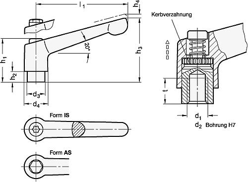 Ganter 300.6-30-B5-AS Verstellbare Edelstahl Klemmhebel, mit Buchse, elektropoliert - GN 300-6 Verstellbare Edelstahl Klemmhebel - mit Buchse - elektropoliert-Abbildung