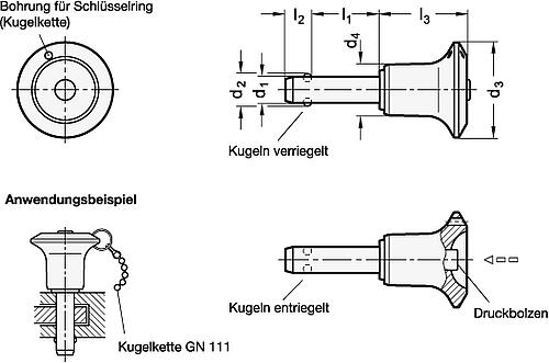 Ganter 113.9-20-70 Edelstahl Kugelsperrbolzen, Bolzen Werkstoff Nr. 1.4305 - GN 113-9 Edelstahl Kugelsperrbolzen - Bolzen Werkstoff Nr- 1-4305-Skizze