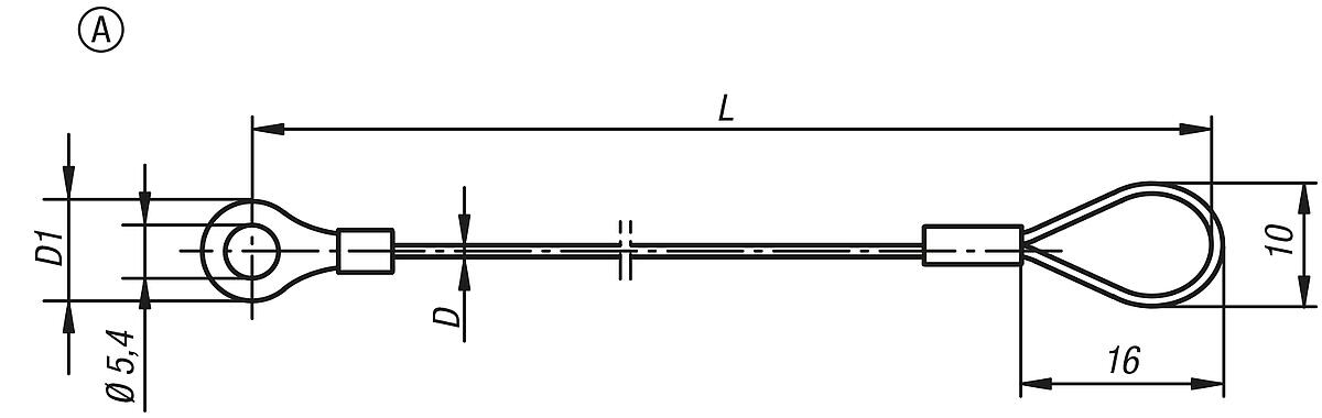 Kipp K0367.0150 HALTESEIL FORM:A MIT ÖSE U. QUETSCHKABELS. L=150, EDELSTAHL, KOMP:ALUMINIUM - K0367 Halteseile mit OEse - Massblatt