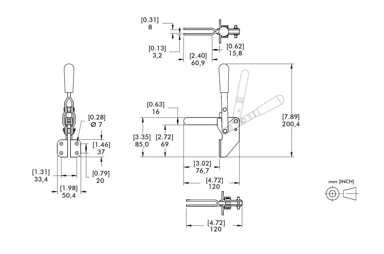 DESTACO 91090 Vertikal-Kniehebelspanner Haltekraft 1710 N, Öffnungswinkel 100° - Destaco 91090 Vertikal-Kniehebelspanner Haltekraft 11000 N - Oeffnungswinkel 105 Grad - TZ