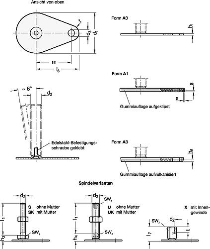 Ganter 42-50-M10-100-A0-S STELLFUß MIT BEFESTIGUNGSLASCHE - GN 42 Stellfuesse Stahl verzinkt - mit Befestigungslasche - Tropfenform-Skizze