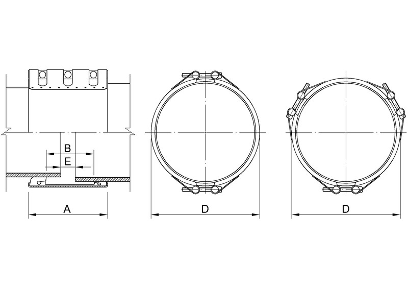 Leschhorn Rohrkupplung zur Verbindung von Rohren mit unterschiedlichen Außendurchmessern TRANS5, z.B. für DN 250 ( Stahlrohr Ø 273 kombiniert mit Stahlrohr mit PE-Umhüllung Ø 278), 2 oder 3 Verschlüsse - LE70072 TRANS - technische Zeichnung