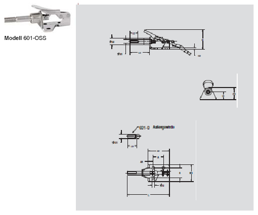 DESTACO 601-M Schubstangenspanner Standard  Haltekraft 400N, Hub 16mm; M: Metrisches Gewinde - 601-OSS Schubstangenspanner Standard - Edelstahlausfuehrung mit Aussengewinde - mit Zollgewinde