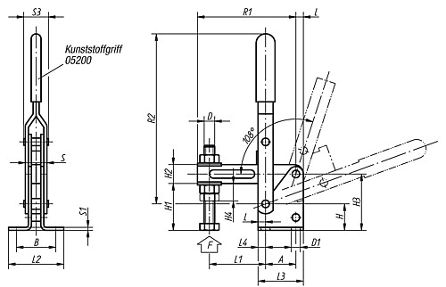 Norelem 05020-14 SCHNELLSPANNER VERTIKAL, MIT WAAGRECHTEM FUSS, GROSSE AUSFÜHRUNG - Norelem 05020 Schnellspanner vertikal mit waagrechtem Fuss - grosse Ausfuehrung