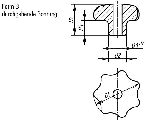 Norelem 06194-232062 STERNGRIFF, EDELSTAHL, FORM B, D1=32, D4=6 - Norelem 06194-B Sterngriffe aehnlich DIN 6336 Edelstahl - Form B